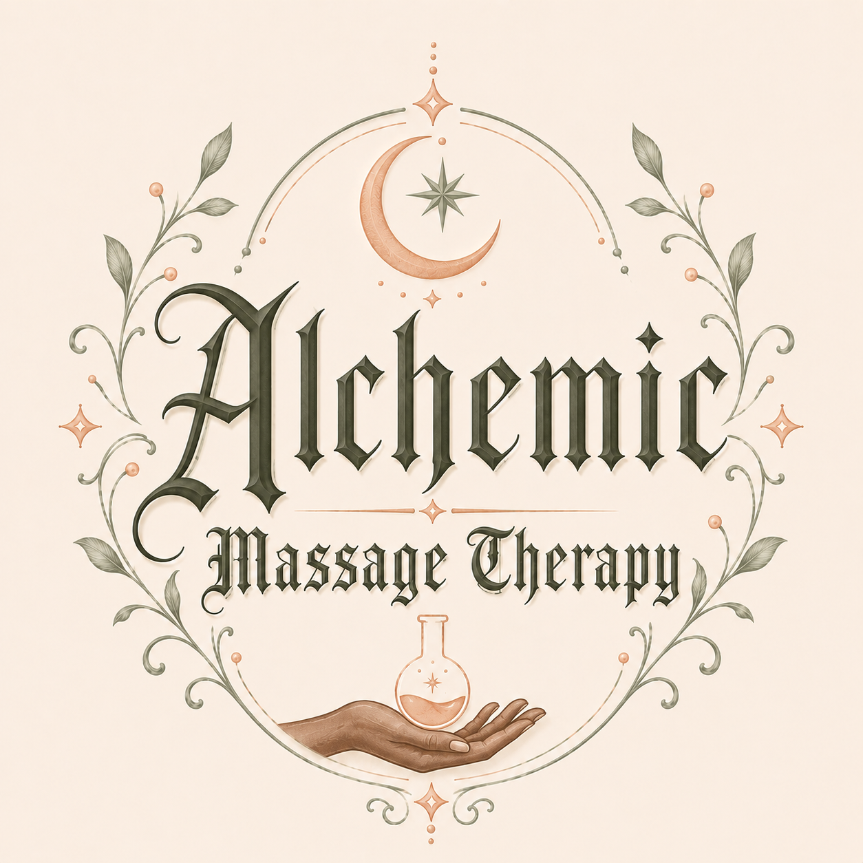 Alchemic Massage Therapy crest with crescent moon, botanicals and an alchemy flask